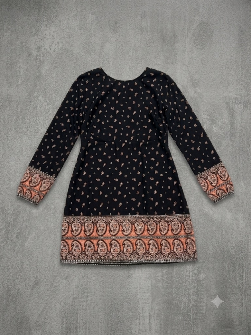Abercrombie & Fitch Boho Paisley Border Print Mini Dress Black Terracotta Small